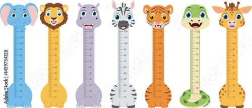 Kids height chart with cute animal cartoon, elephant, lion, hippo, zebra, tiger, snake, and giraffe