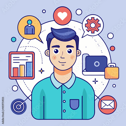 Vector Line Art Illustration of Social Media Influencer with Followers, Highlighting Online Presence, Content Creation, and Digital Marketing Strategies.