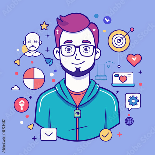 Vector Line Art Illustration of Social Media Influencer with Followers, Highlighting Online Presence, Content Creation, and Digital Marketing Strategies.