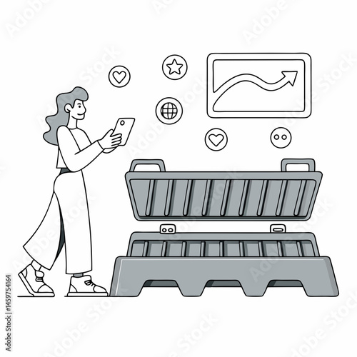 Vector Line Art Illustration of Social Media Influencer with Followers, Highlighting Online Presence, Content Creation, and Digital Marketing Strategies.