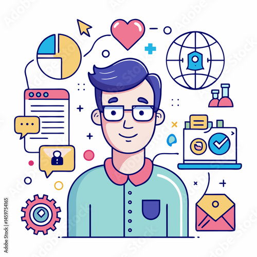 Vector Line Art Illustration of Social Media Influencer with Followers, Highlighting Online Presence, Content Creation, and Digital Marketing Strategies.