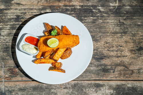 Deep fried fishs and chips, served with remoulade (sauce, mustard, herbs) on white plate. Isolated by wooden table. Food Photography