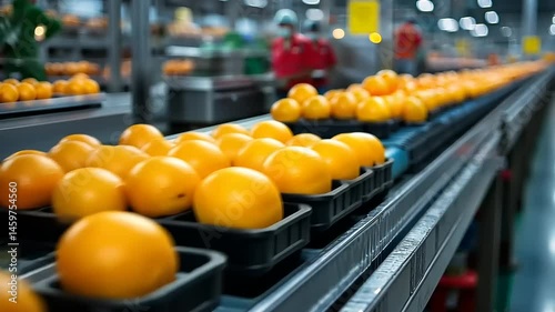 Fresh Oranges on Production Line in Fruit Processing Facility