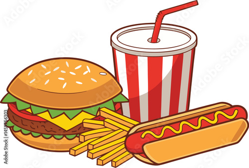 Classic American Fast Food Combo Burger Fries Hot Dog Soda