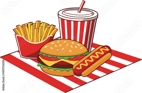 Classic American Fast Food Meal Burger Fries Hotdog Soda