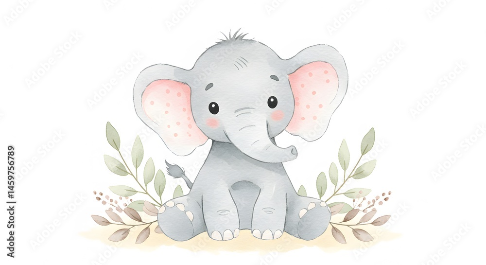 Fototapeta premium ai image sweet watercolor depiction of a cute baby elephant sitting contentedly, surrounded by delicate leaves, ideal for nursery art.