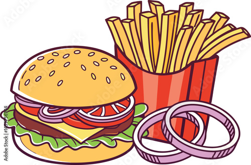 Delicious Hamburger with French Fries and Onion Rings