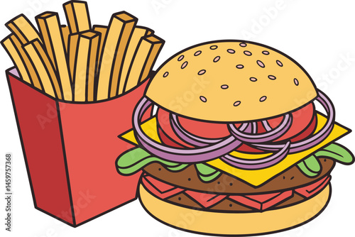 Delicious Cheeseburger with French Fries in Red Carton