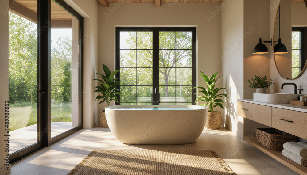 Fototapeta premium Sunlight streams into a modern bathroom featuring a freestanding tub, a vanity with woven baskets, and expansive windows overlooking a lush, green landscape.
