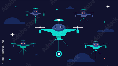 Edge AI Drone Swarm A group of drones flying in formation with glowing lights and sensors collaborating autonomously to survey a large area reflecting their collective edge