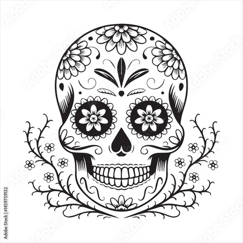 Sugar Skull Vector Illustration with Floral Design,Day of the Dead Skull Outline Art,Decorative Skull Drawing with Floral Patterns,Mexican Sugar Skull Line Art,Black and White Sugar Skull Vector