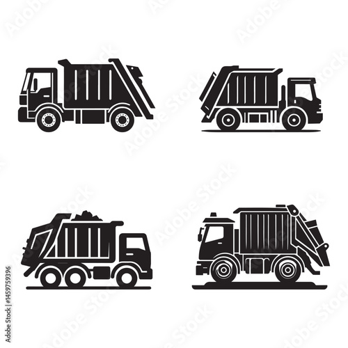 Silhouettes of garbage truck vector on a white background. 