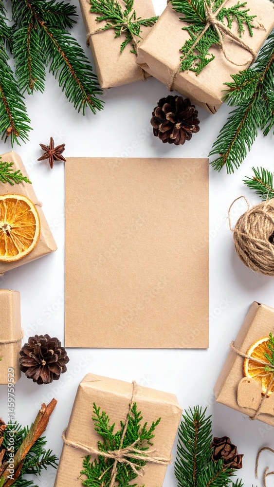 Obraz premium A cozy arrangement of beautifully wrapped Christmas presents nestled among fresh pine branches, accented with vibrant dried orange slices for a festive touch.