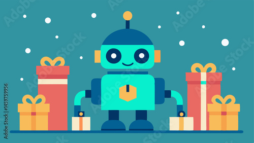 Sustainable Gift Finder A cheerful robot nestled a beautifully wrapped gifts made from recycled materials suggesting ecoconscious gift options for the holidays.