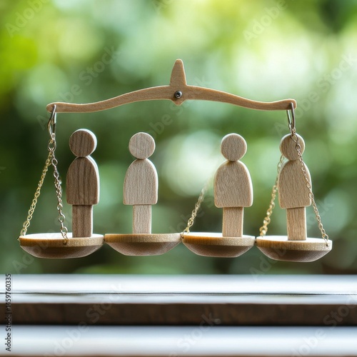 Wooden figures of people on scales and a mediator / arbitrator. Conflict of interest. Resolving conflict situations. Conclusions of the peaceful resolution of disputes. Business opponents