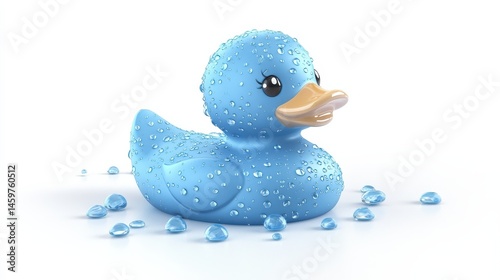 Blue rubber duck with water drops isolated on white background. photo