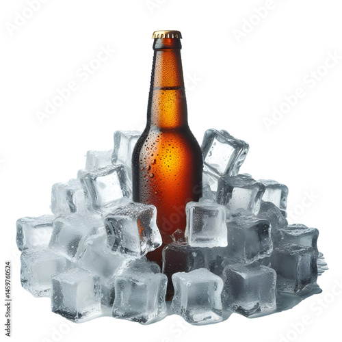 Cold brown bottle of beer in pile ice cubes isolated on white background