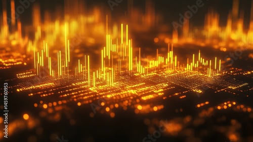 Glowing stock chart with candlestick and big data index grid. Trading and finance concept. 3D Rendering illustration , no logos, no brands