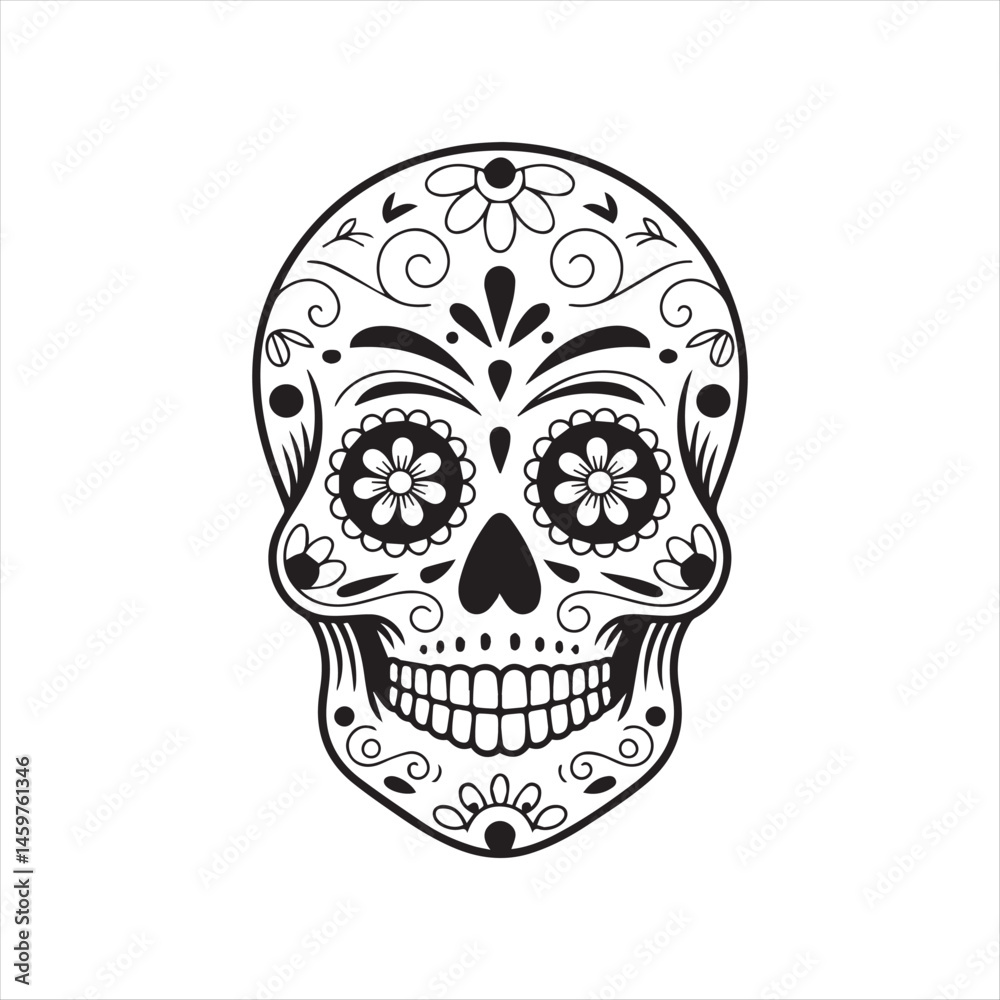 Obraz premium Sugar Skull Vector Illustration with Floral Design,Day of the Dead Skull Outline Art,Decorative Skull Drawing with Floral Patterns,Mexican Sugar Skull Line Art,Black and White Sugar Skull Vector