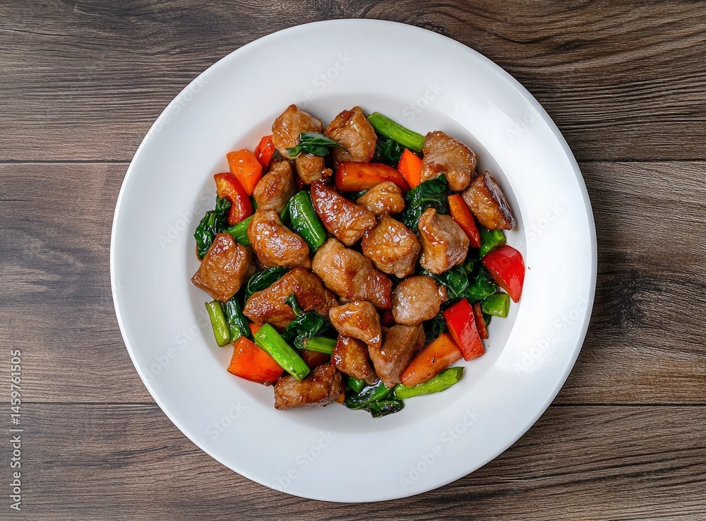 Pork Stir Fry with Vegetables on Plate Pork Stir Fry with Vegetables on Plate