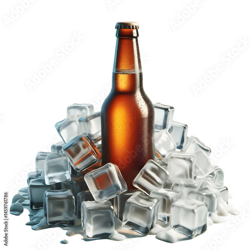 Cold brown bottle of beer in pile ice cubes isolated on white background