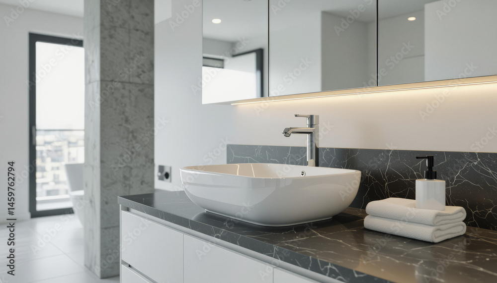A modern bathroom showcases a sleek white vessel sink atop a dark marble countertop, illuminated by a warm LED strip, creating an elegant and minimalist design. A modern bathroom showcases a sleek white vessel sink atop a dark marble countertop, illuminated by a warm LED strip, creating an elegant and minimalist design.