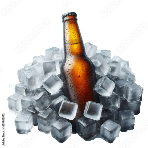 Cold brown bottle of beer in pile ice cubes isolated on white background