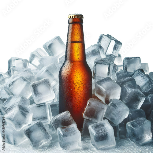 Cold brown bottle of beer in pile ice cubes isolated on white background