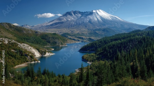 Picturesque View of Saint Helens: A Snow-Capped Volcanic Mountain Surrounded by Forest and Blue Lake in Washington National Park