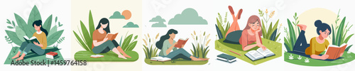woman reading a book while lying on the grass vector flat design style
