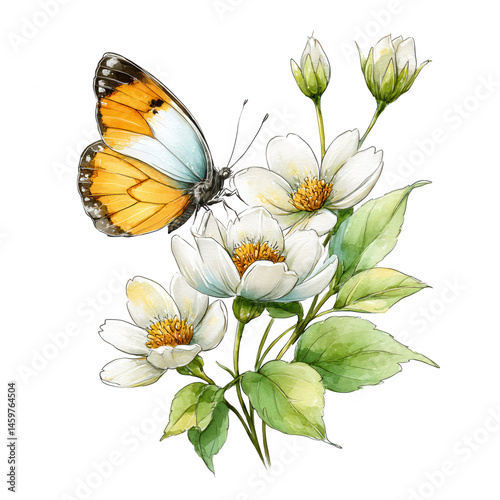 A butterfly with bright orange wings delicately lands on white blossoms.