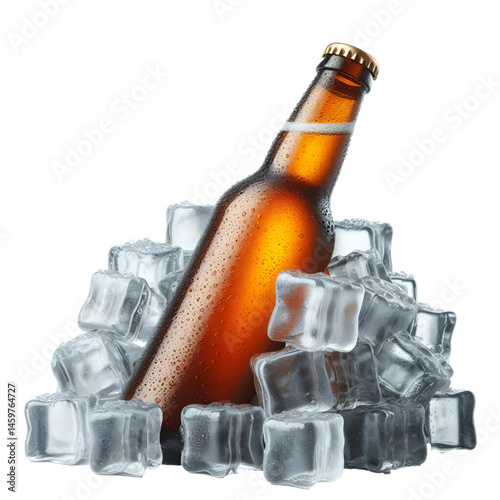 Cold brown bottle of beer in pile ice cubes isolated on white background