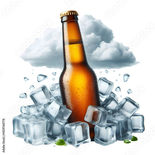 Cold brown bottle of beer in pile ice cubes isolated on white background