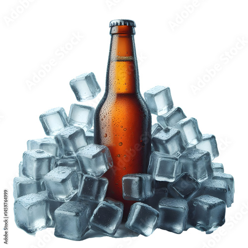Cold brown bottle of beer in pile ice cubes isolated on white background
