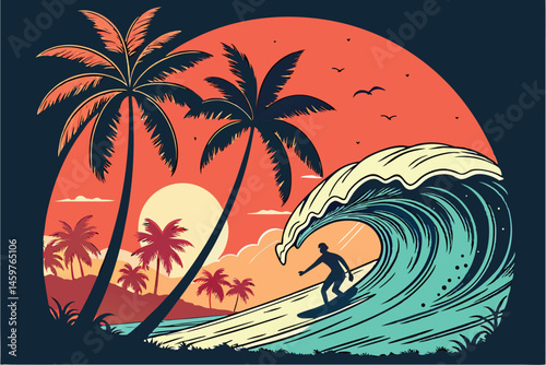 1 Tropical beach sunset, vibrant colors, silhouetted palm trees, crashing wave, surfer silhouette, glowing sun, orange and red sky, teal water, circular composition, detailed illustration, dark backgr