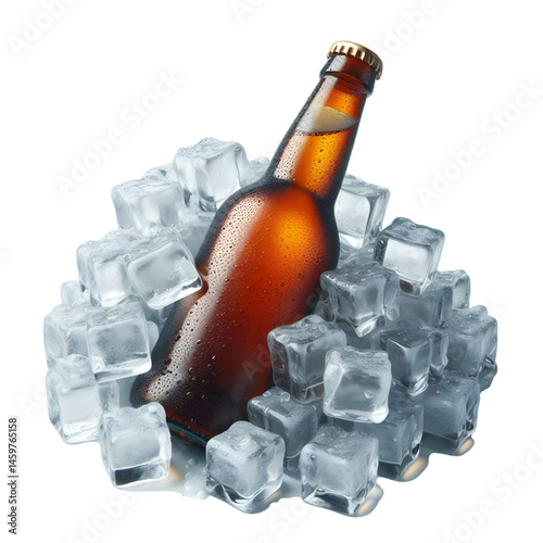 Cold brown bottle of beer in pile ice cubes isolated on white background