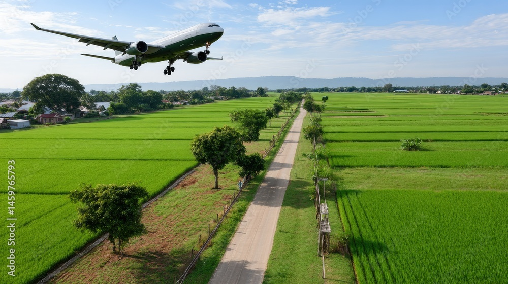 Fototapeta premium Flat lay of a toy airplane surrounded by green leaves emphasizes eco-friendly travel in a minimalist setting