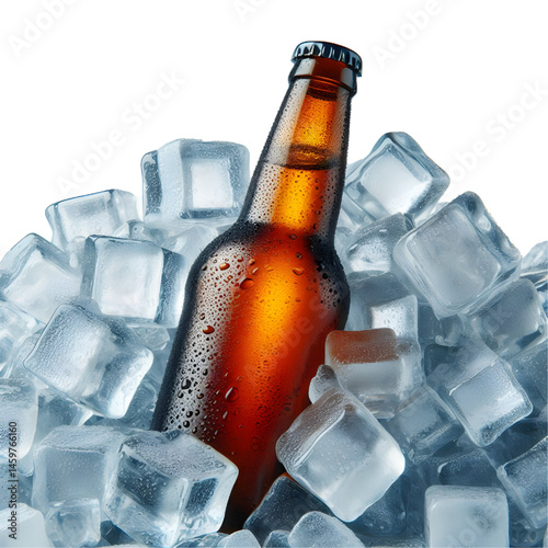 Cold brown bottle of beer in pile ice cubes isolated on white background