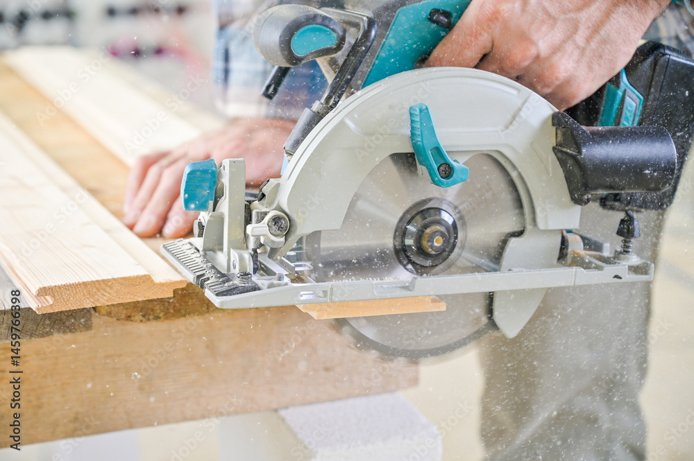 A skilled craftsman operates a circular saw on a wooden plank, showcasing precision and craftsmanship in a well-lit workshop environment, highlighting woodworking techniques