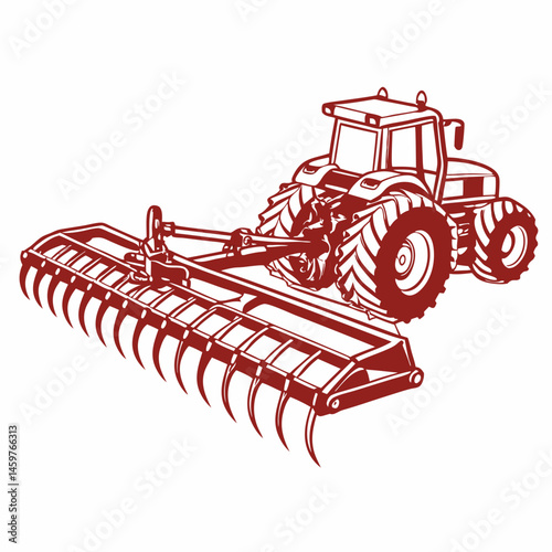 Red disk harrow. Red tractor working with farming equipment on a plain background  