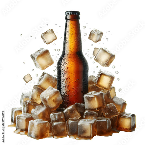 Cold brown bottle of beer in pile ice cubes isolated on white background