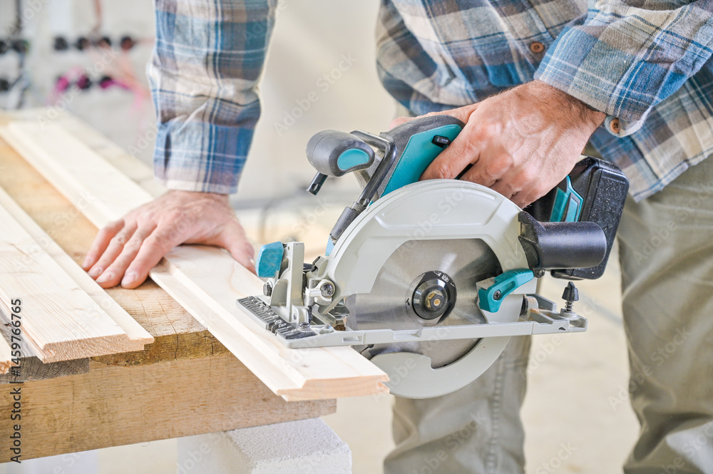 A skilled craftsman operates a circular saw on a wooden plank, showcasing precision and craftsmanship in a well-lit workshop environment, highlighting woodworking techniques
