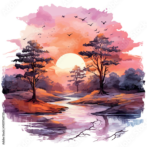 A vibrant orange sunset silhouettes trees along the tranquil river meeting the sea under a painted sky