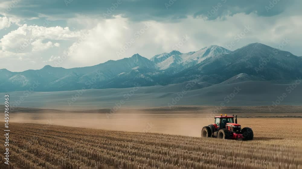 Tractor harvesting crops with imposing mountain backdrop in landscape Tractor harvesting crops with imposing mountain backdrop in landscape
