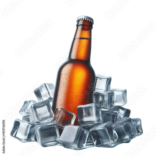 Cold brown bottle of beer in pile ice cubes isolated on white background