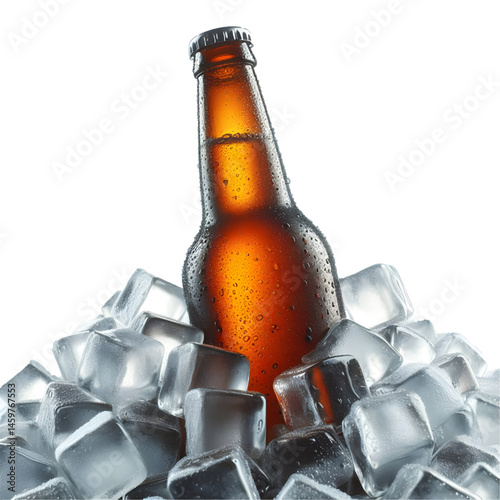 Cold brown bottle of beer in pile ice cubes isolated on white background