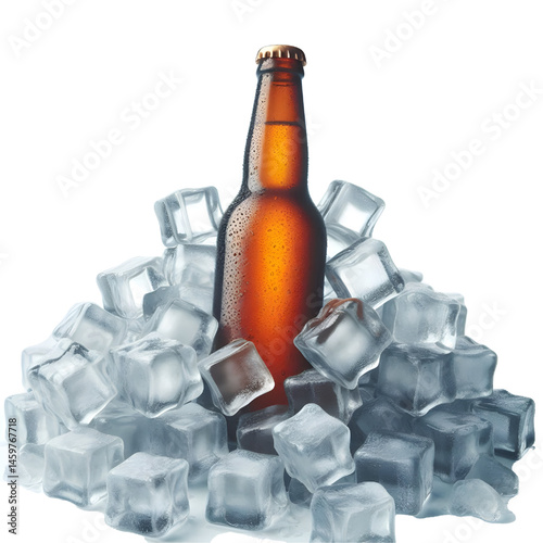 Cold brown bottle of beer in pile ice cubes isolated on white background