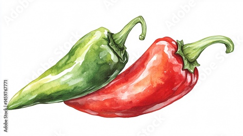 Vibrant Watercolor Illustration of Hand Drawn Hot Peppers