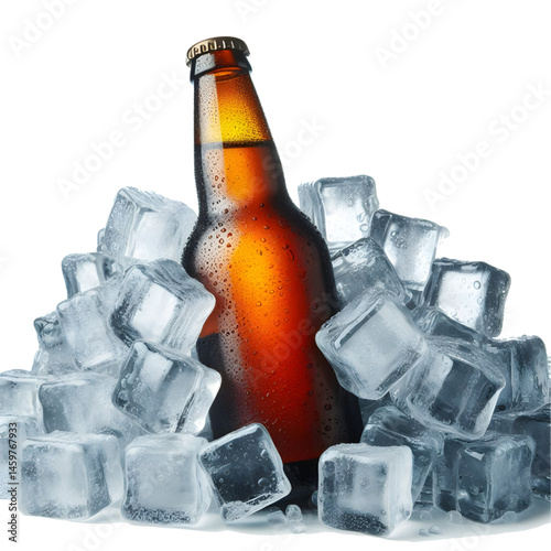 Cold brown bottle of beer in pile ice cubes isolated on white background
