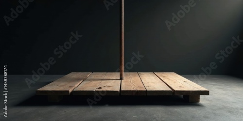 Rustic Wooden Platform with Central Vertical Post in a Dark Room Studio Setting